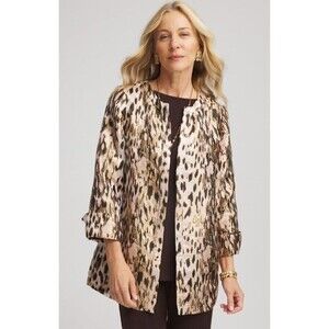 Chico’s Travelers Animal Jacquard Jacket Metallic Shimmer Open Front Size 1 / M